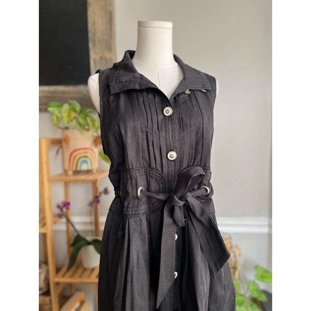 Vintage Y2K Black Corset Dress Midi Gothic Button Front Funnel Neck Size Large